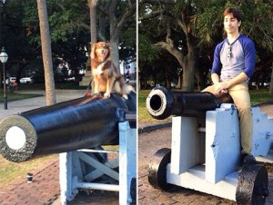Justin Long & Finn Seyfried on cannons at Bark and Swagger