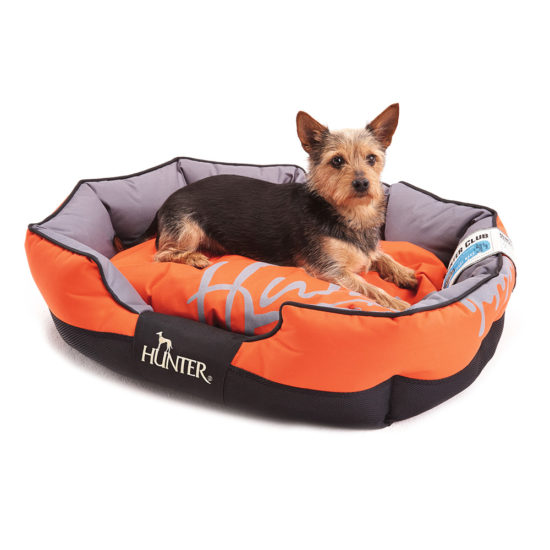 Designer dog fashion: as beautiful as custom dog beds; the Hunter Grimstad sporty bed in bright orange