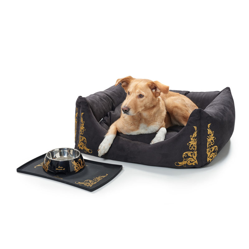 Designer dog fashion; as beautiful as custom dog beds; the Hunter Ricarda elegant bed in black with gold embroidery