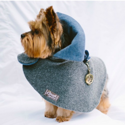 designer dog fashion; cape coats for dogs.