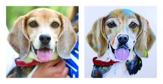 Hand painted pet portraits that are beautiful and affordable; a Beagle next to his portrait.