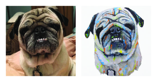 Hand painted pet portraits that are beautiful and affordable; a Pug next to his portrait.