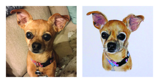 Hand painted pet portraits that are beautiful and affordable; A Chihuahua next to his portrait