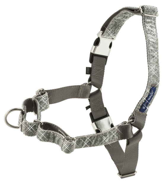 Stylish Pet Accessories & More from Global Pet Expo. A silver glitter dog harness. 