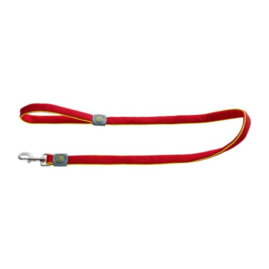Designer dog collars and leashes. This bright red leash is in a mesh material.