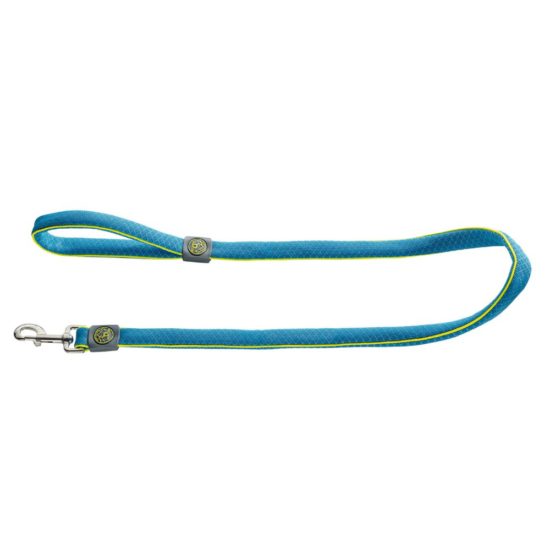 Designer dog collars and leashes. This turquoise leash is in a mesh material. 