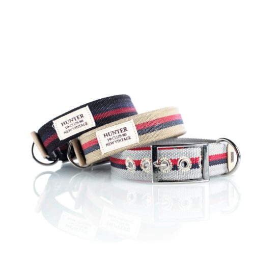 Designer dog collars and leashes. These collars have a beachy vibe in canvas with stripes. 