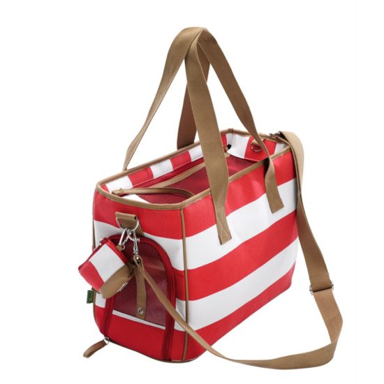 A designer dog bag in cotton canvas red and white stripe