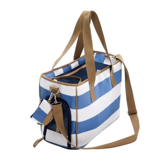 A designer dog bag in cotton canvas blue and white stripe