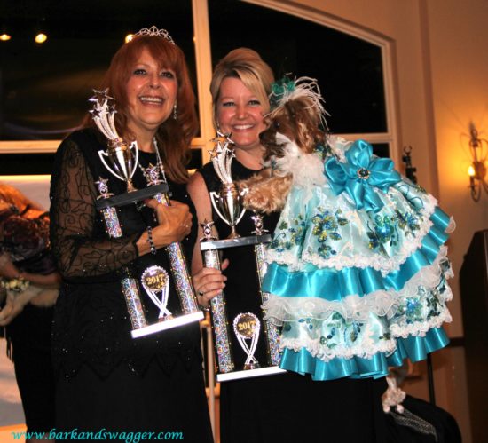Designer dog fashions' big night at the Fabulous Cotillion. Best Evening Gown Award recipient, Gigi with mom, Wendy. 